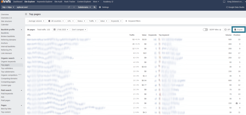 Ahrefs Top Pages for Organic Traffic