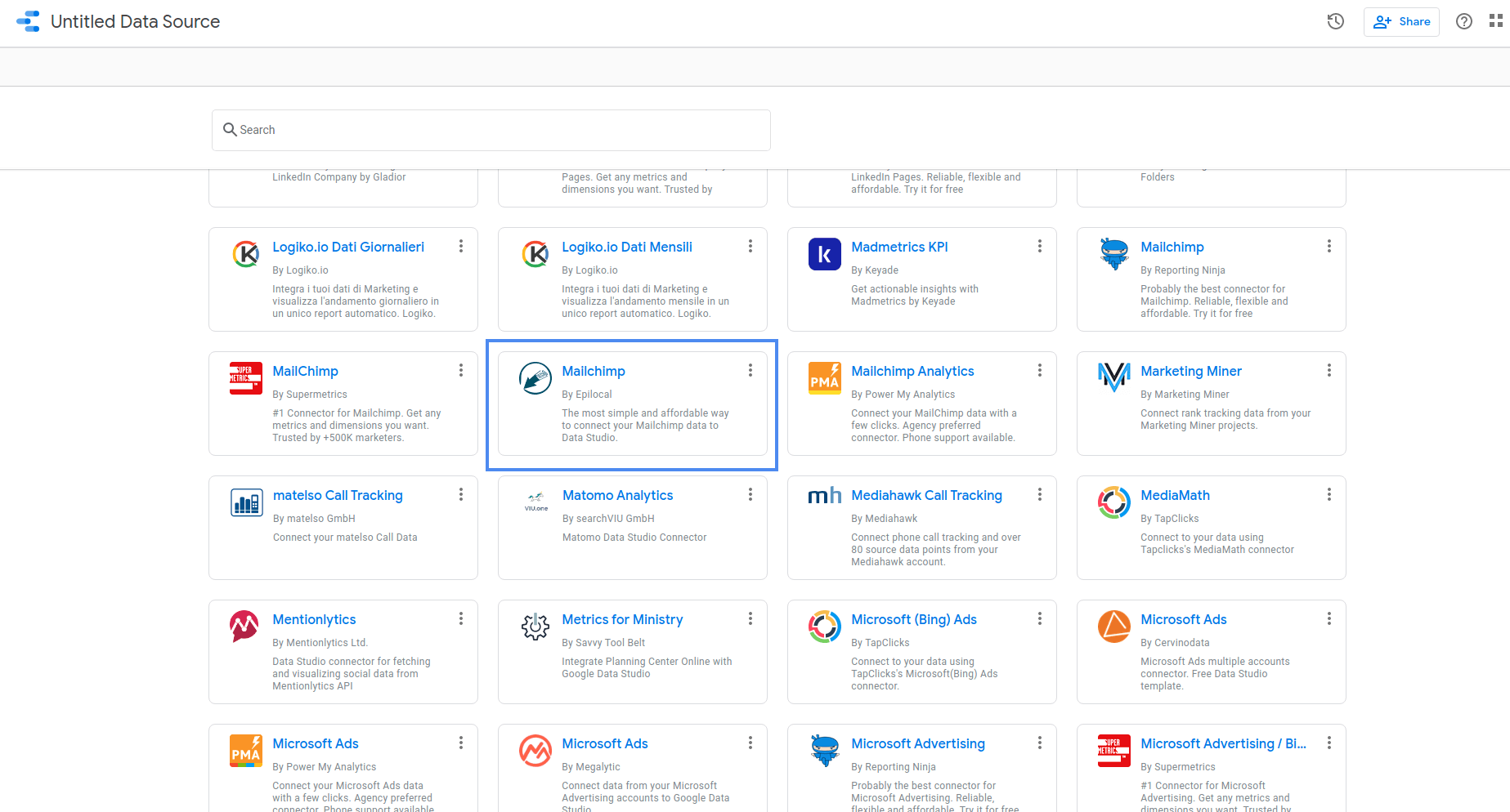 Epilocal Mailchimp connector in Data Studio gallery