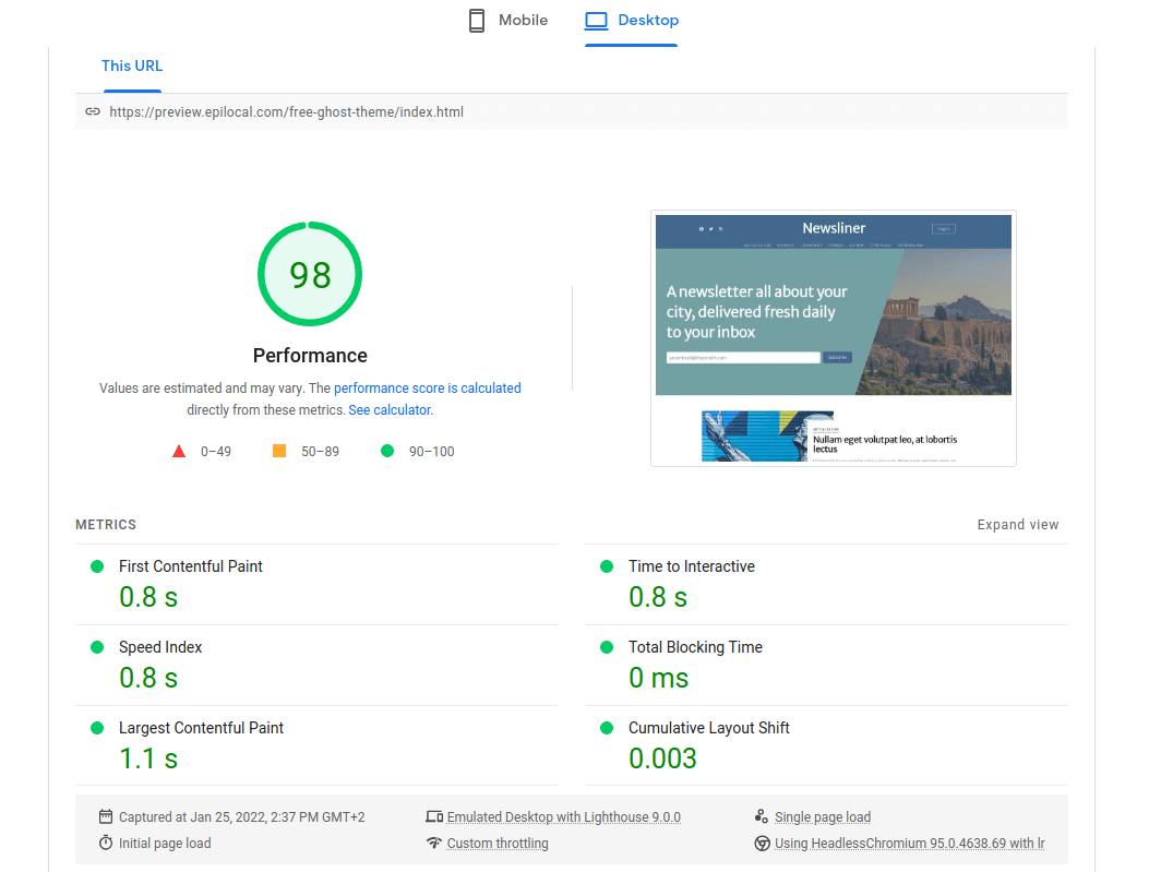 Newsliner Google Page Speed Score