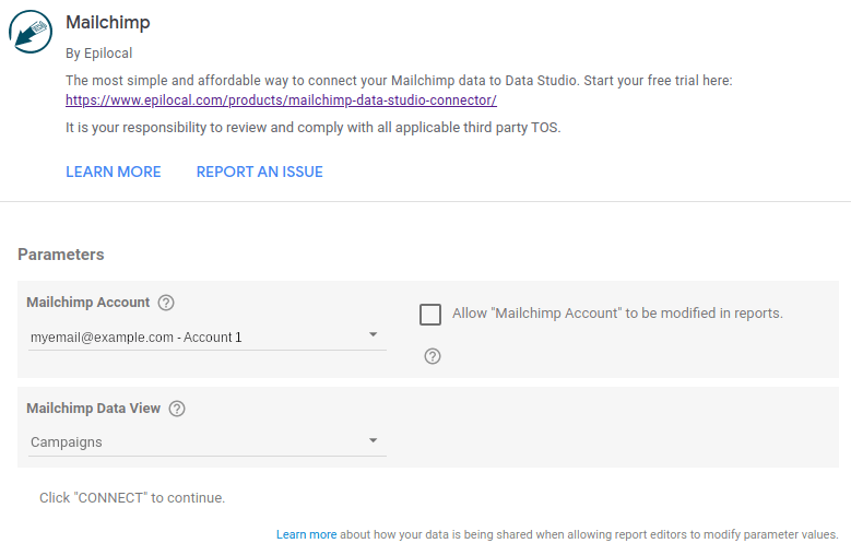 Select linked Mailchimp account in Data Studio