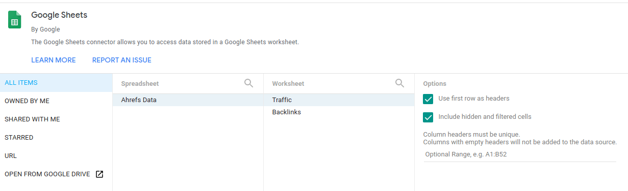Setting Up Google Sheets Connector in Data Studio